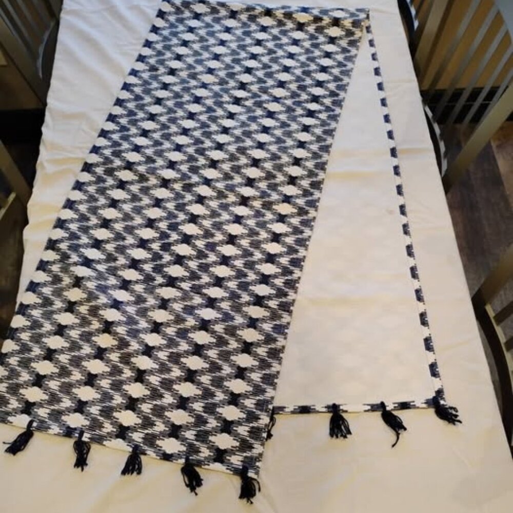 Max Studio Home Navy Blue & White Farmhouse Style Table Runner W/Fringe Ends